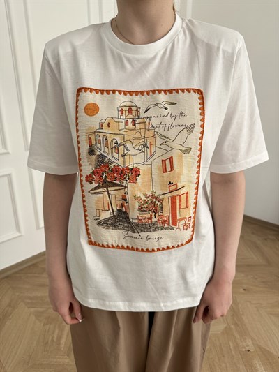 Summer Breeze Çerçeve Patchli T-shirt Ekru