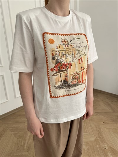Summer Breeze Çerçeve Patchli T-shirt Ekru