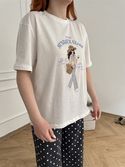 Summer Glow Baskılı Hasır Detay T-shirt Ekru