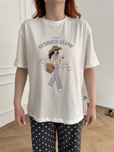 Summer Glow Baskılı Hasır Detay T-shirt Ekru