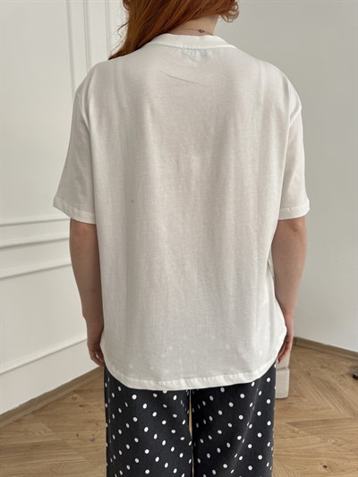 Summer Glow Baskılı Hasır Detay T-shirt Ekru