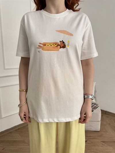 Summer Vibes Hot Dog Baskılı Tişört Ekru
