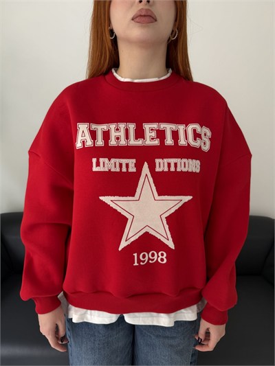 T-shirt Detaylı Flok Baskı Sweatshirt Kırmızı