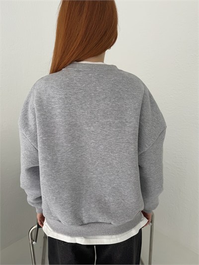 T-shirt Detaylı Flok Baskı Sweatshirt Gri melanj
