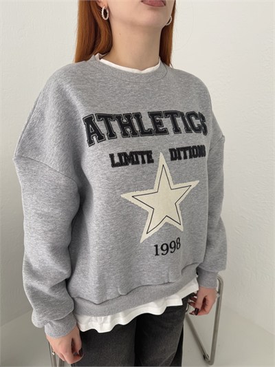 T-shirt Detaylı Flok Baskı Sweatshirt Gri melanj