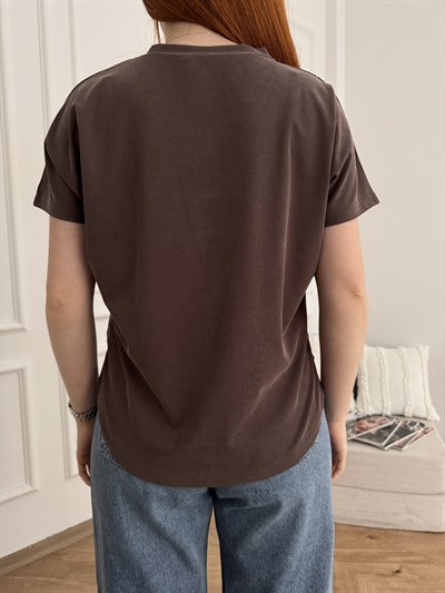Taş Detaylı V Yaka T-shirt Acı kahve