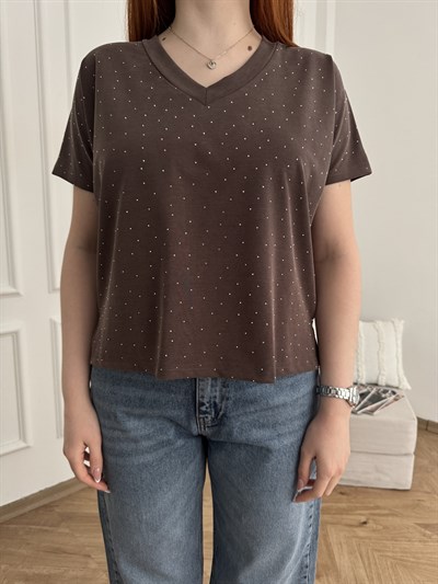 Taş Detaylı V Yaka T-shirt Acı kahve