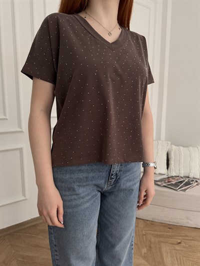 Taş Detaylı V Yaka T-shirt Acı kahve