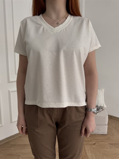 Taş Detaylı V Yaka T-shirt Beyaz