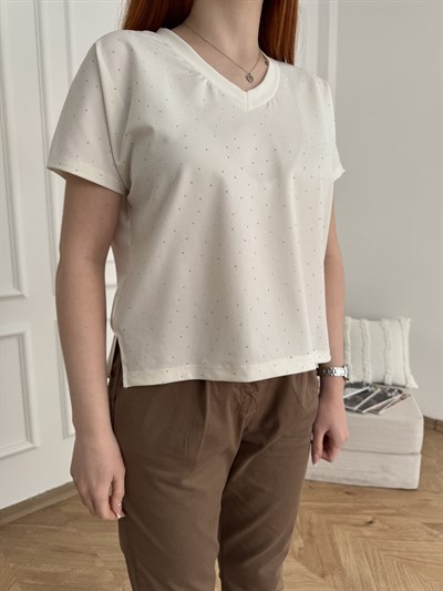 Taş Detaylı V Yaka T-shirt Beyaz