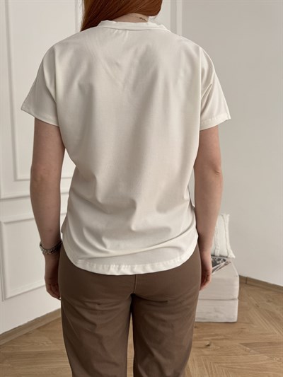 Taş Detaylı V Yaka T-shirt Beyaz