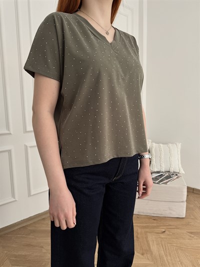 Taş Detaylı V Yaka T-shirt Haki