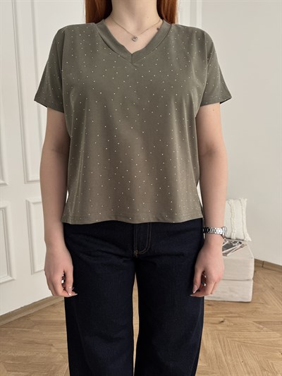 Taş Detaylı V Yaka T-shirt Haki