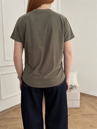 Taş Detaylı V Yaka T-shirt Haki