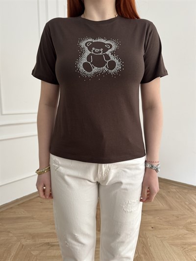 Taşlı Ayıcık Baskı T-shirt Acı kahve