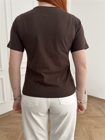Taşlı Ayıcık Baskı T-shirt Acı kahve