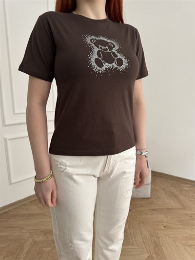 Taşlı Ayıcık Baskı T-shirt Acı kahve