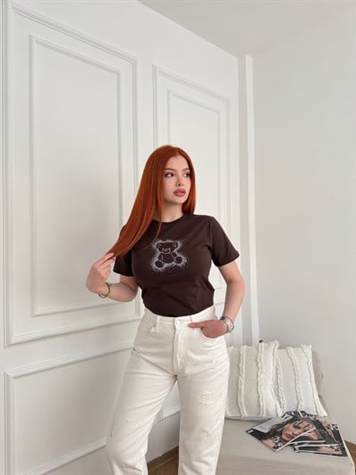 Taşlı Ayıcık Baskı T-shirt Acı kahve