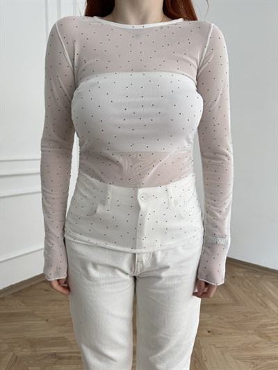 Taşlı Tül Bluz Beyaz