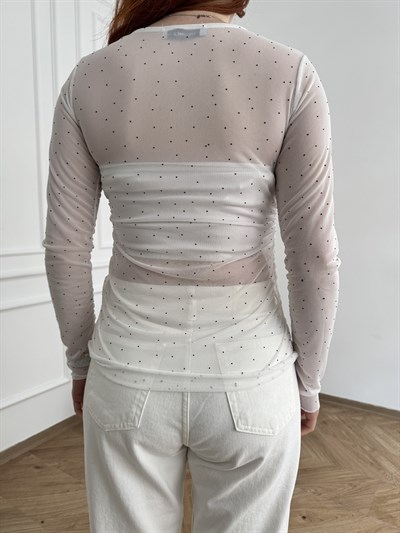 Taşlı Tül Bluz Beyaz