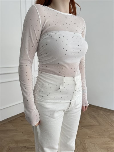 Taşlı Tül Bluz Beyaz