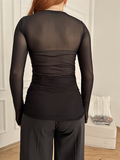 Taşlı Tül Bluz Siyah