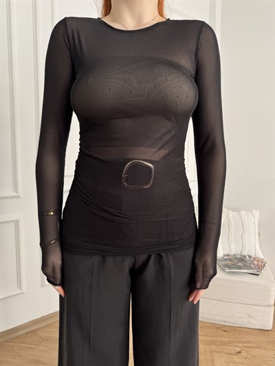 Taşlı Tül Bluz Siyah