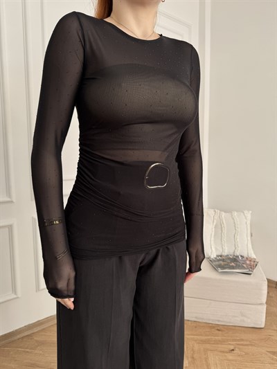 Taşlı Tül Bluz Siyah