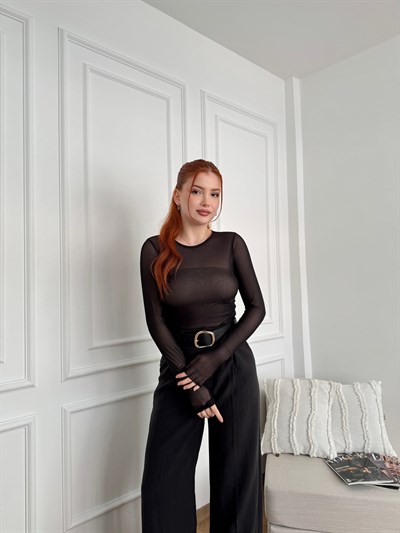 Taşlı Tül Bluz Siyah