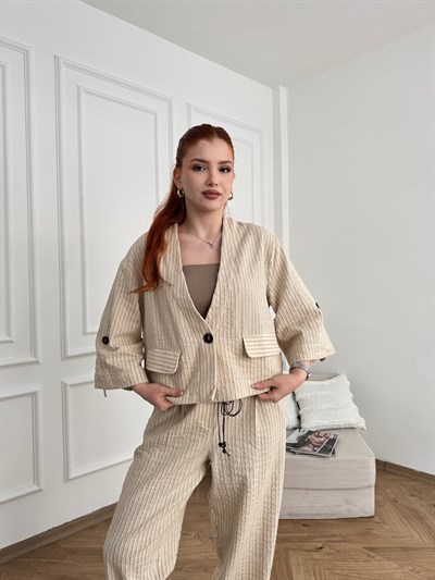Tek Düğme Crop Çizgili Ceket Naturel