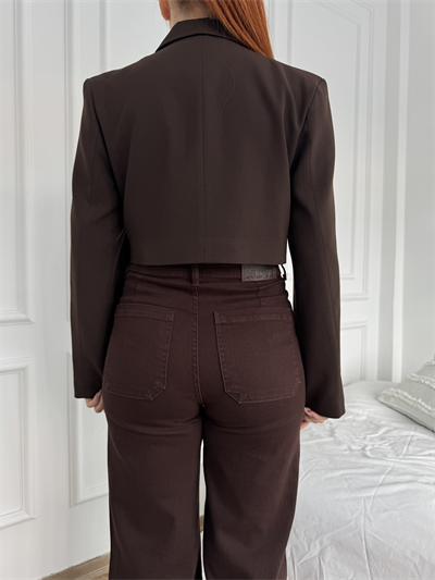 Tek Düğmeli Crop Ceket Kahve