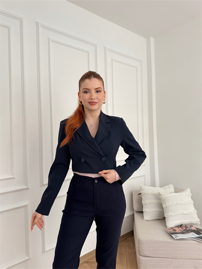Tek Düğmeli Crop Ceket Lacivert