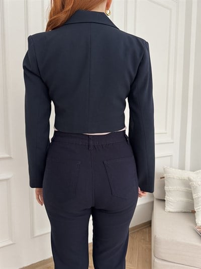 Tek Düğmeli Crop Ceket Lacivert