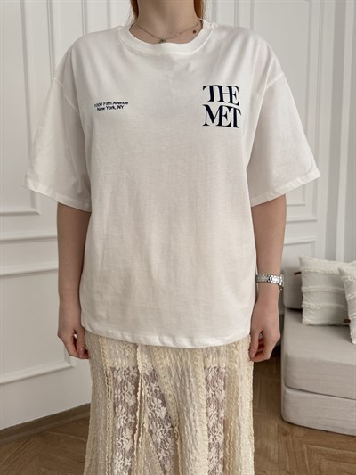 The Met Baskılı Oversize Tshirt Ekru