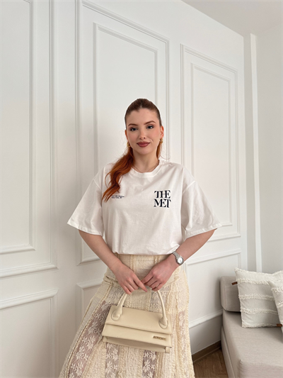 The Met Baskılı Oversize Tshirt Ekru
