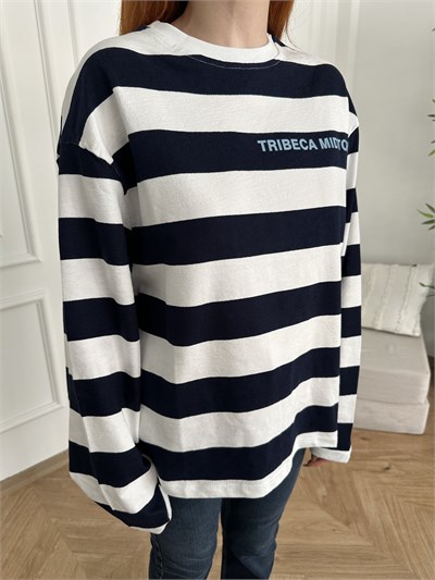 Tribeca Midtown Baskı Kalın Çizgili Sweat Beyaz-laci