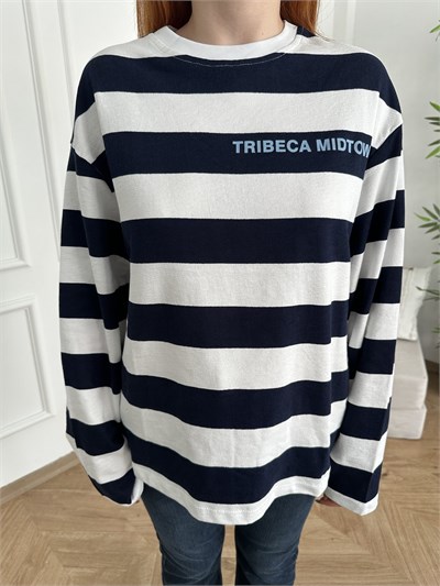 Tribeca Midtown Baskı Kalın Çizgili Sweat Beyaz-laci