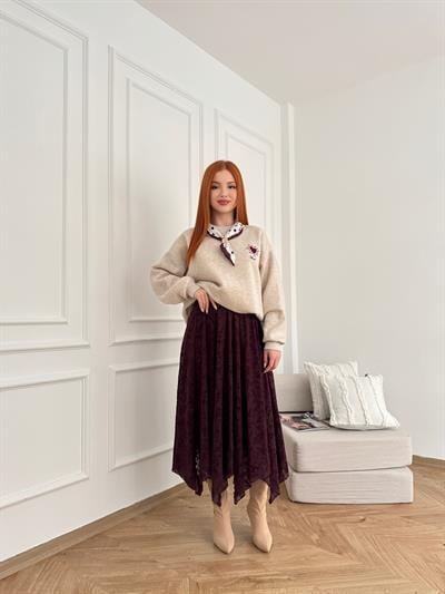 Tül Asimetrik Etek Bordo