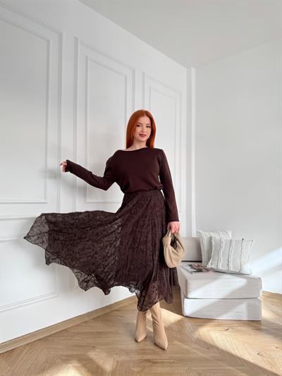 Tül Asimetrik Etek Kahve