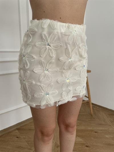 Tül Çiçekli Mini Etek Beyaz