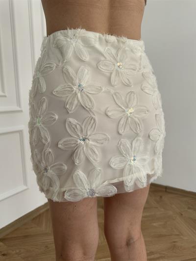 Tül Çiçekli Mini Etek Beyaz