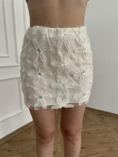 Tül Çiçekli Mini Etek Beyaz