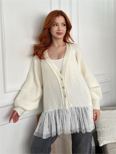 Tül Detay Oversize Hırka Kemik