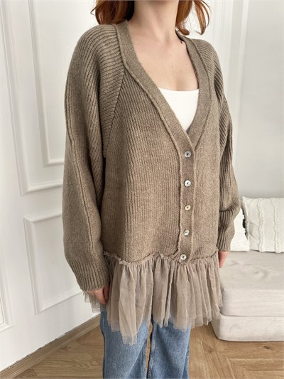 Tül Detay Oversize Hırka Vizon