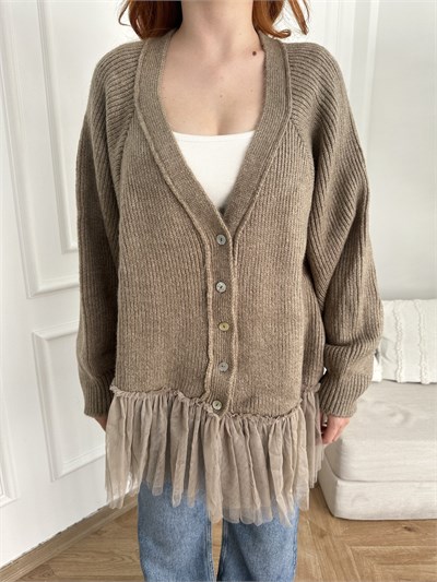 Tül Detay Oversize Hırka Vizon