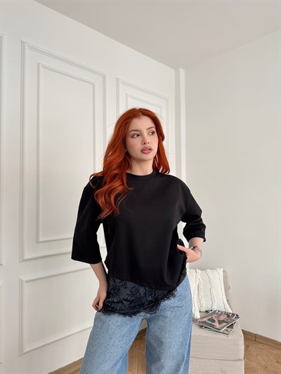 Tül Detay T-shirt Siyah