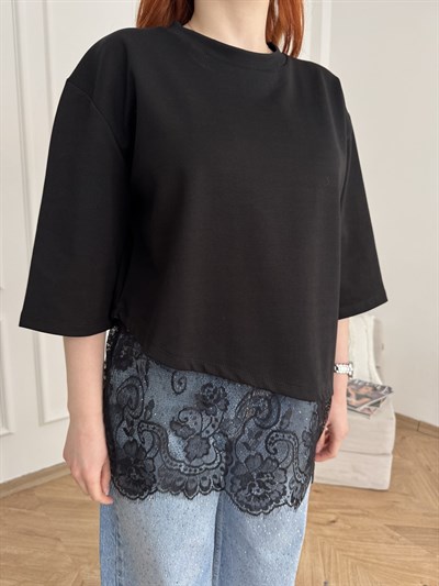 Tül Detay T-shirt Siyah