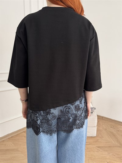 Tül Detay T-shirt Siyah