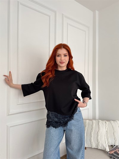 Tül Detay T-shirt Siyah