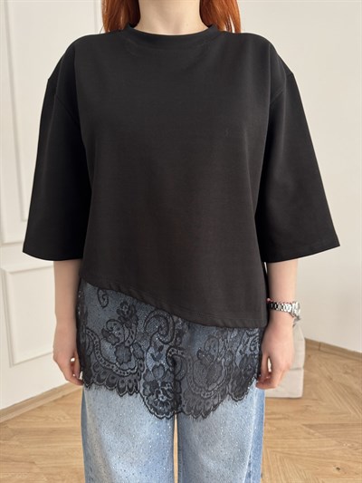 Tül Detay T-shirt Siyah